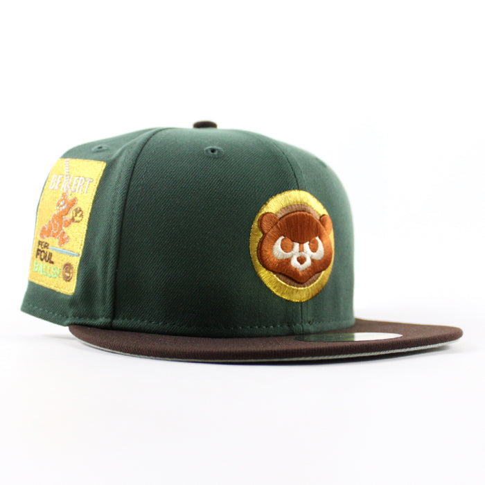Chicago Cubs be Alert For Foul Balls New Era 59Fifty Fitted Hat (Mountain Green Burnt Wood Moss Under Brim)