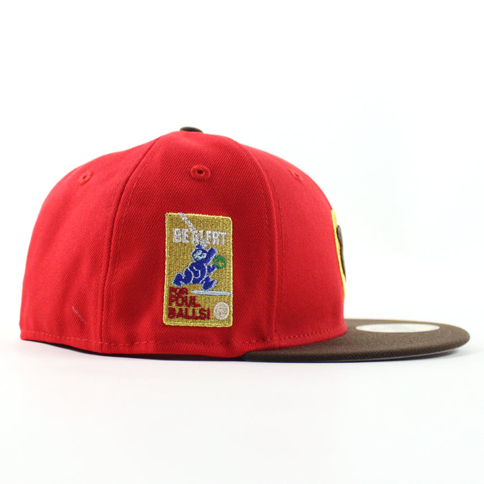 Chicago Cubs be Alert For Foul Balls  New Era 59Fifty Fitted Hat (Red Brown Green Under Brim)