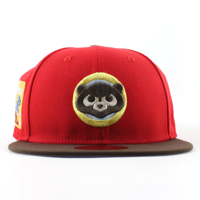 Chicago Cubs be Alert For Foul Balls  New Era 59Fifty Fitted Hat (Red Brown Green Under Brim)
