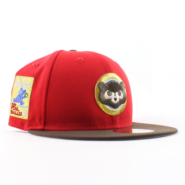 Chicago Cubs be Alert For Foul Balls  New Era 59Fifty Fitted Hat (Red Brown Green Under Brim)