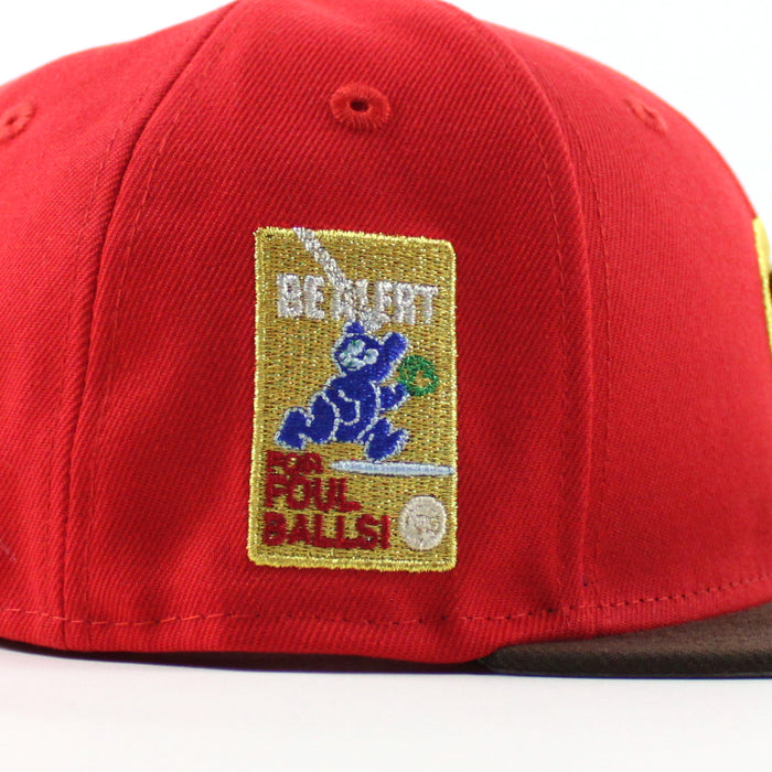 Chicago Cubs be Alert For Foul Balls  New Era 59Fifty Fitted Hat (Red Brown Green Under Brim)