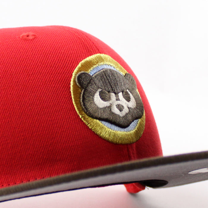 Chicago Cubs be Alert For Foul Balls  New Era 59Fifty Fitted Hat (Red Brown Green Under Brim)