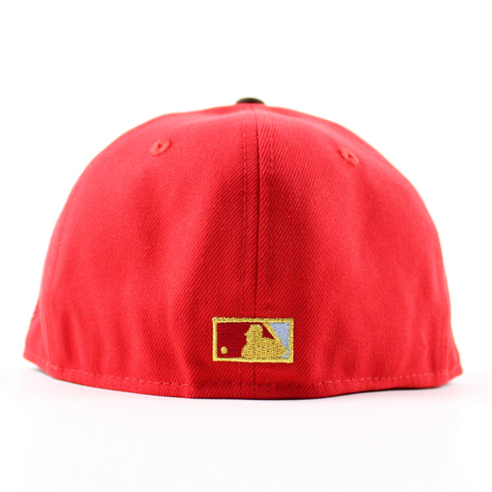 Chicago Cubs be Alert For Foul Balls  New Era 59Fifty Fitted Hat (Red Brown Green Under Brim)
