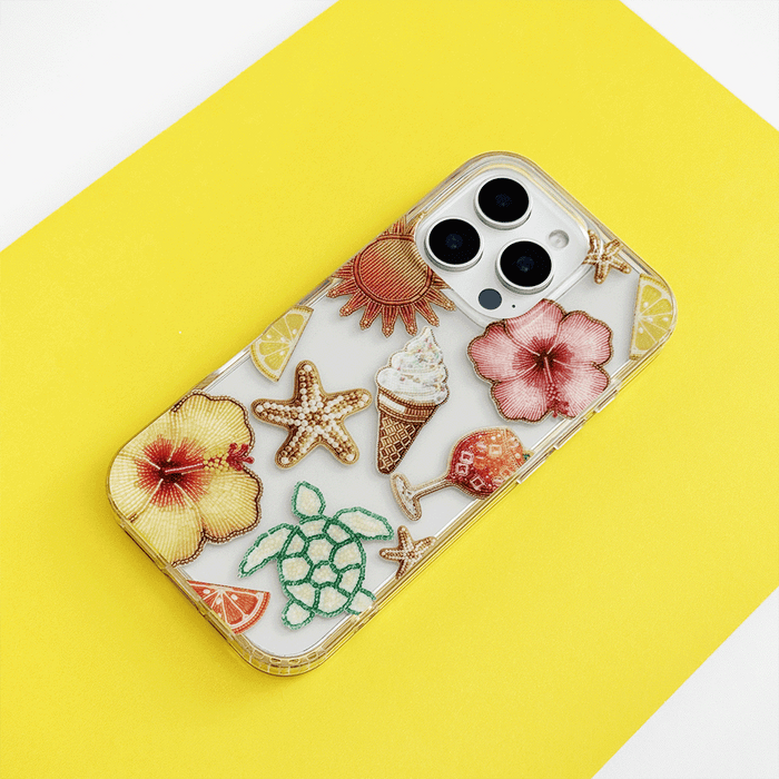 Clear phone case with Butter Beach Club design by Coconut Lane, featuring a playful summer-themed pattern.