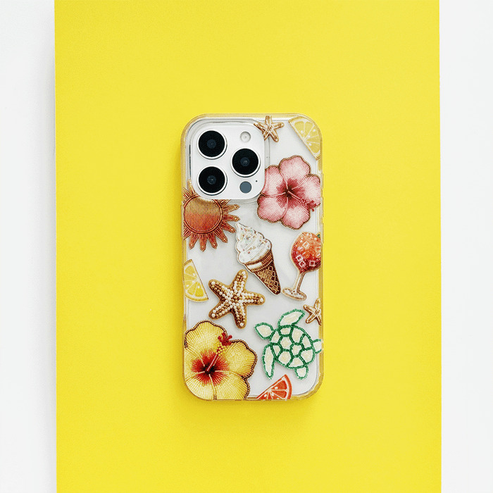 Clear phone case with Butter Beach Club tropical design by Coconut Lane, displayed against a yellow background.