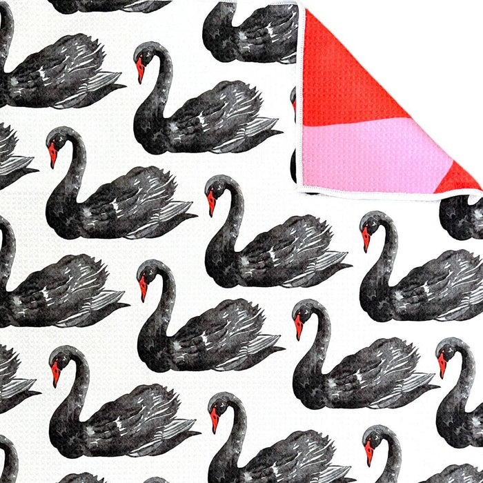 Pattern of black swans with a red and pink triangle on a white background