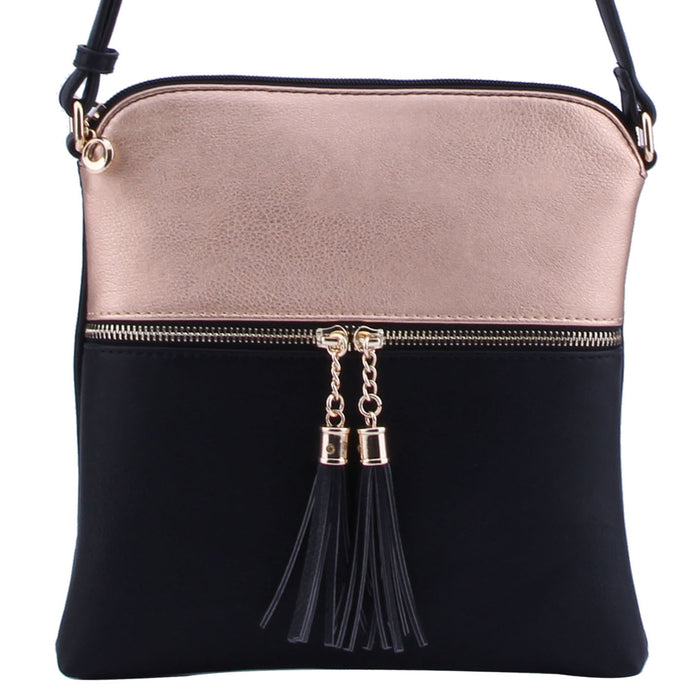 Colorblock Zip Tassel Crossbody Bag