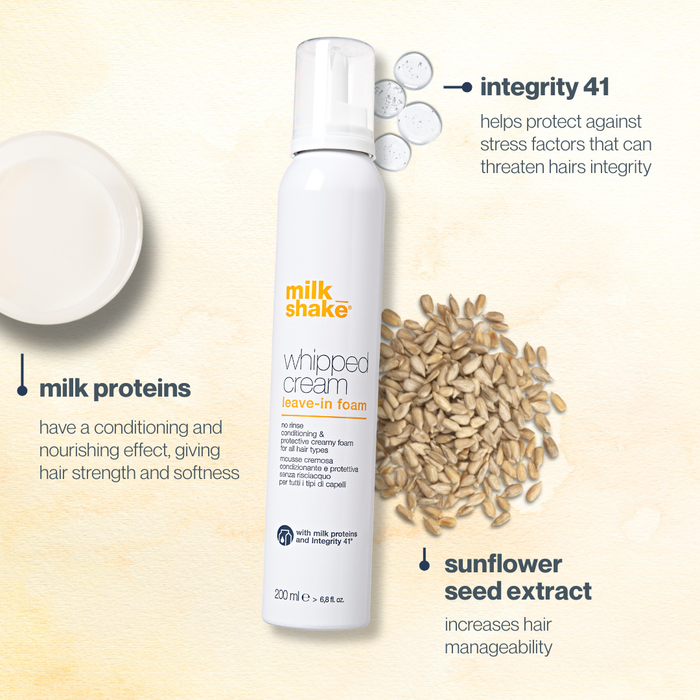 milk_shake whipped cream leave-in foam bottle with ingredients on a beige background
