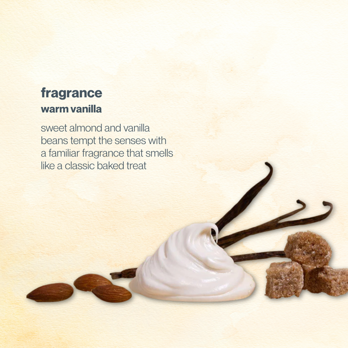 Vanilla beans, sweet almond, and vanilla ice cream with text describing the fragrance.