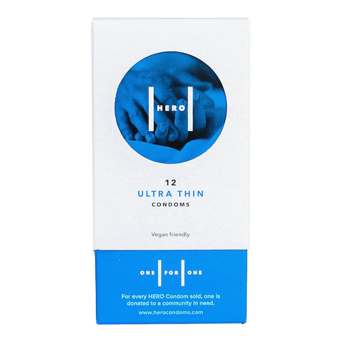 Packaging for HERO Condoms - Ultra Thin, showing a box with the brand's logo and information about the product being vegan friendly and ultra thin.