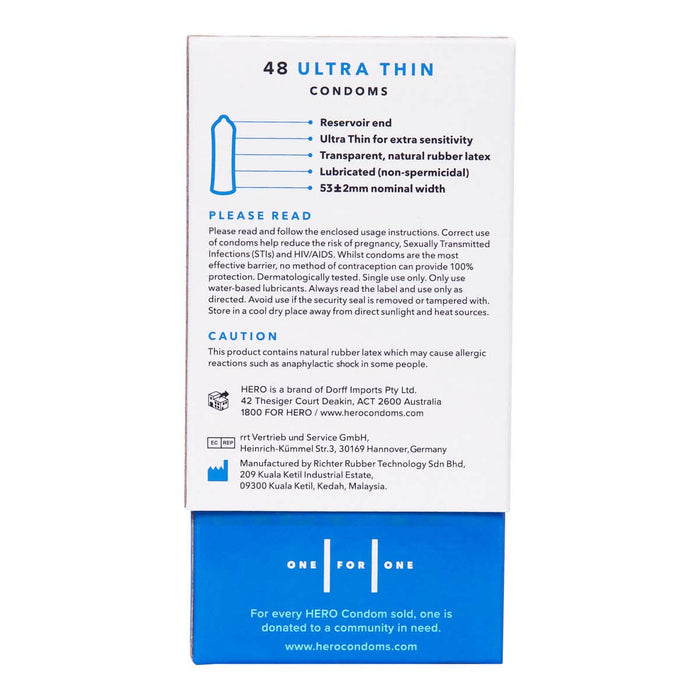 Hero condoms, back of box with product details, instructions and precautions.