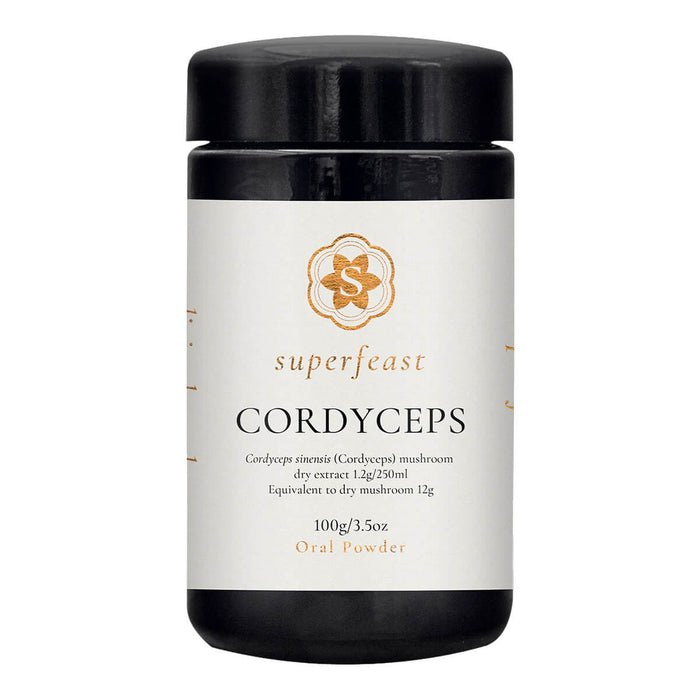 Superfeast Cordyceps oral powder container with black lid and white label on a white background