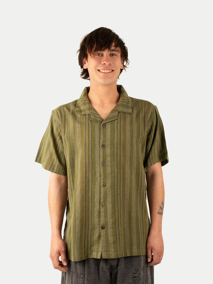 Cotton Homespun Camp Shirt | Moss Green Stripe-Image 1