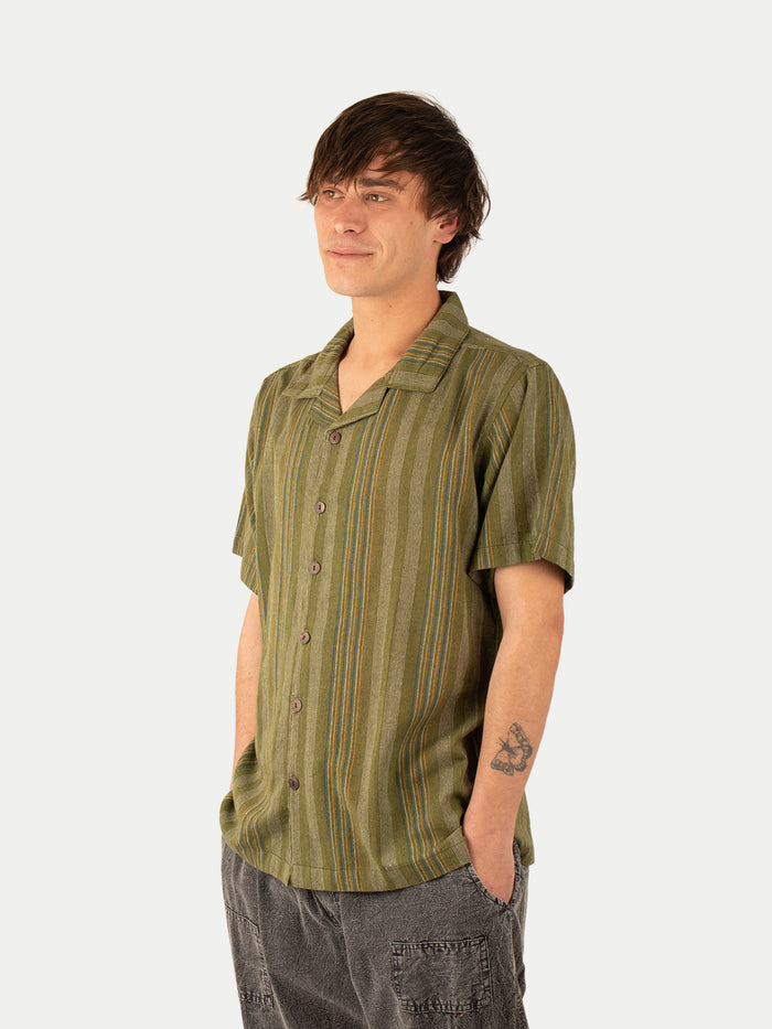 Cotton Homespun Camp Shirt | Moss Green Stripe-Image 2