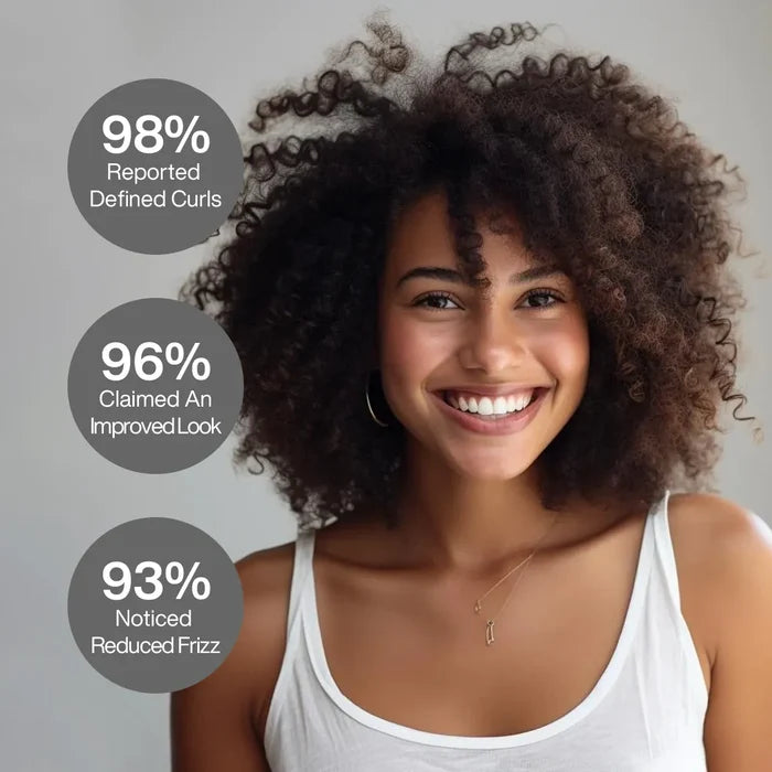 CurlsDefineHer panel over a smiling model: 98% reported defined curls, 96% claimed an improved look, 93% noticed reduced frizz