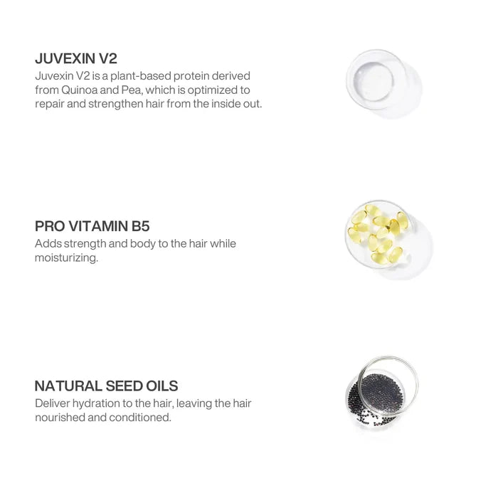 CurlsDefineHer ingredients in glass dishes: Juvexin V2 plant protein from quinoa and pea, Pro Vitamin B5, natural seed oils