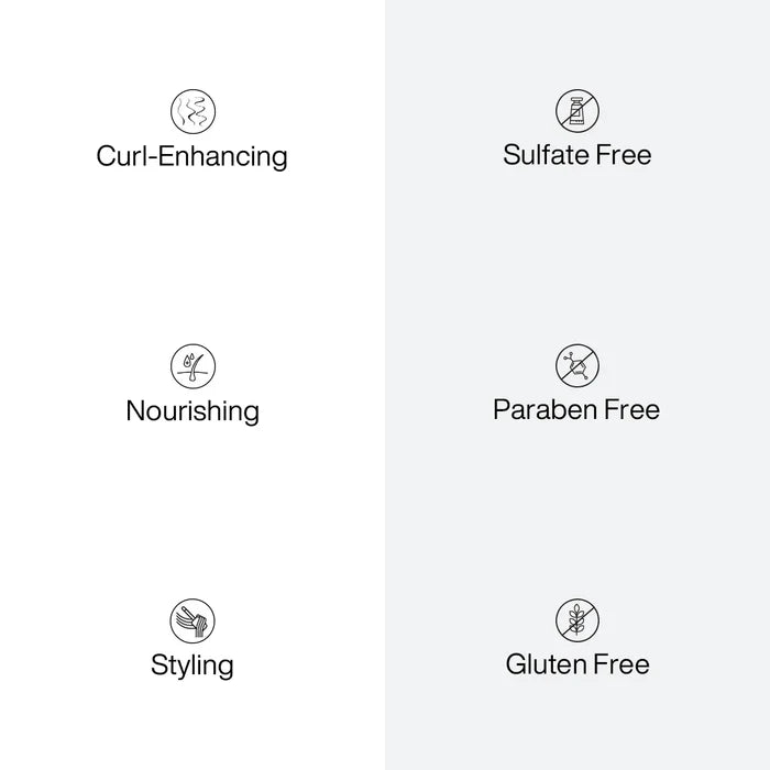 CurlsDefineHer icons: Curl-Enhancing, Nourishing, Styling on the white half; Sulfate Free, Paraben Free, Gluten Free on the gray