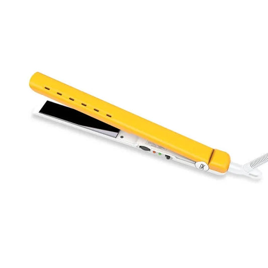 GK Hair D700 Titanium Flat Iron, yellow vented upper arm and white body with black plates and a coiled cord, angled on white