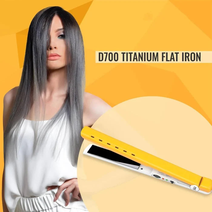 D700 Titanium Flat Iron headline over a model with long straight silver-gray ombre hair, the yellow and white iron inset