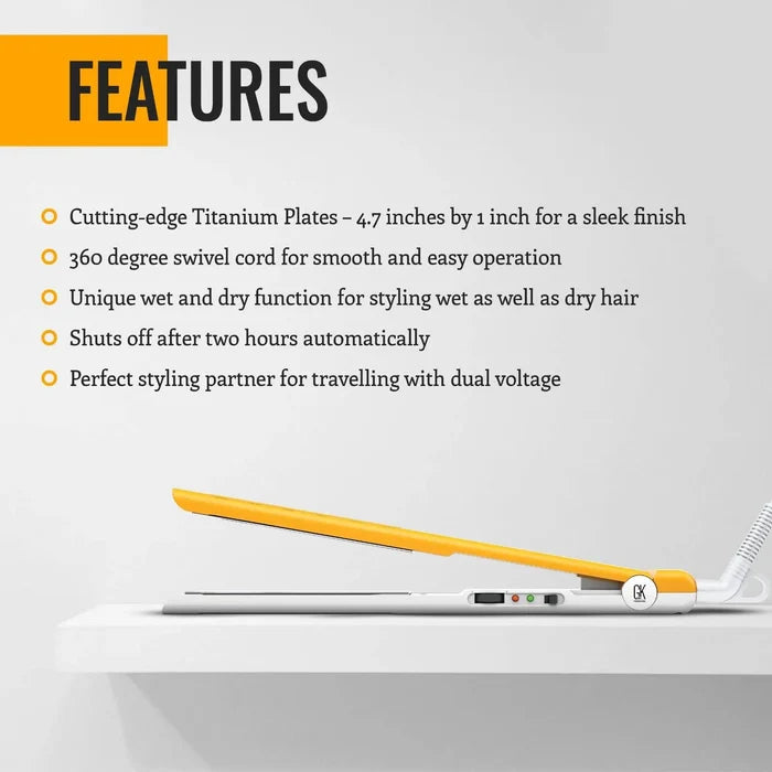 D700 Titanium Flat Iron features: 4.7 by 1 inch titanium plates, 360-degree swivel cord, wet and dry use, 2-hour auto shutoff, dual voltage