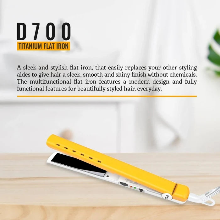 D700 Titanium Flat Iron on a wooden table, text calling it a sleek multifunctional iron giving a smooth shiny finish without chemicals