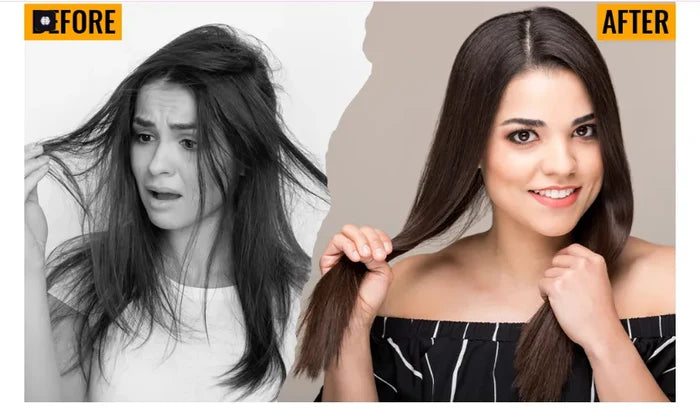 Before and after: at left in black and white, tangled frizzy long dark hair; at right in color, the same hair smooth and glossy