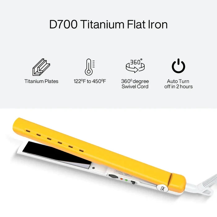 D700 Titanium Flat Iron, yellow and white, with icons: titanium plates, 122°F to 450°F, 360° swivel cord, auto turn off in 2 hours