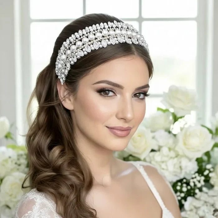Elegant Pearl & Crystal Bridal Headband in Gold | Wedding Headdress