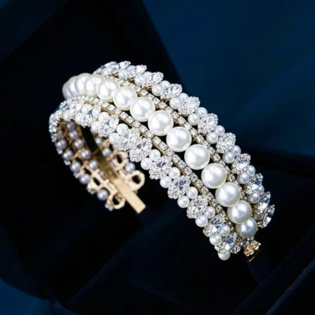 Elegant Pearl & Crystal Bridal Headband in Gold | Wedding Headdress