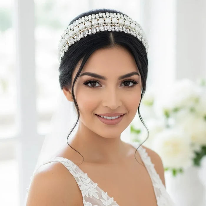 Elegant Pearl & Crystal Bridal Headband in Gold | Wedding Headdress