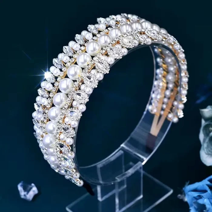 Elegant Pearl & Crystal Bridal Headband in Gold | Wedding Headdress