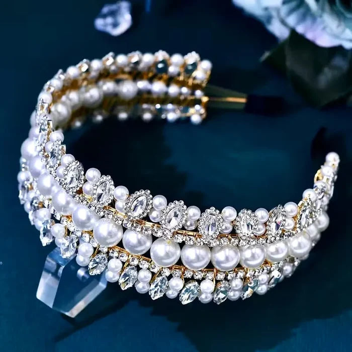 Elegant Pearl & Crystal Bridal Headband in Gold | Wedding Headdress