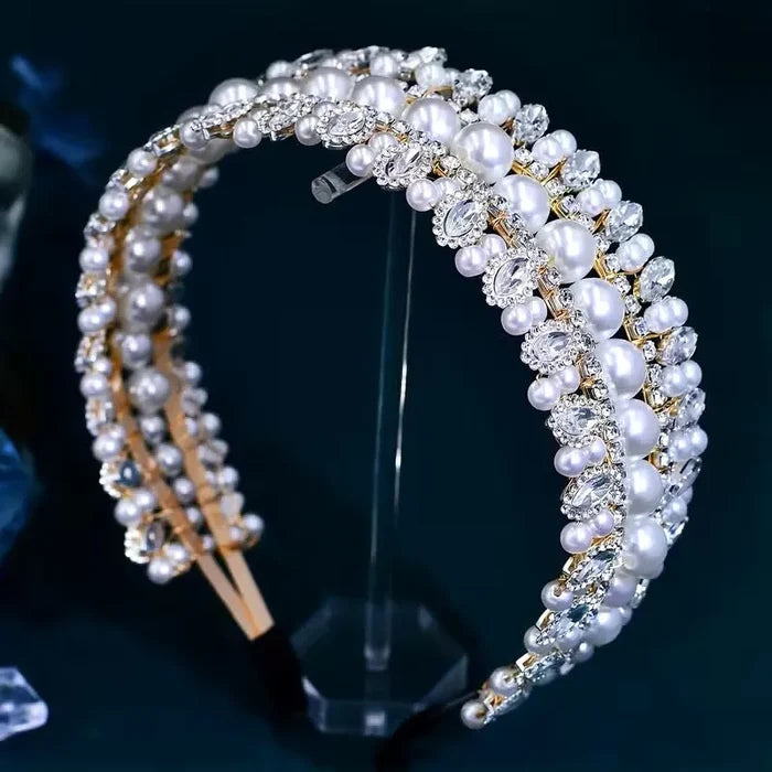 Elegant Pearl & Crystal Bridal Headband in Gold | Wedding Headdress