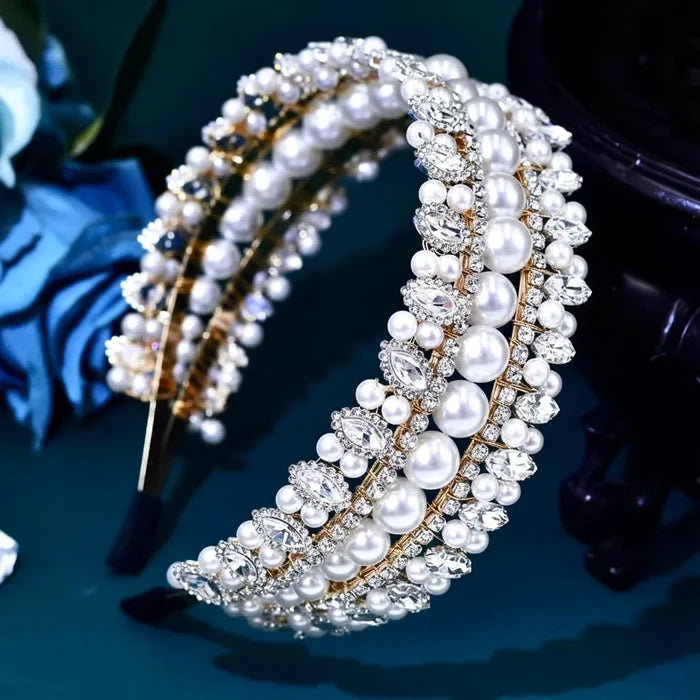 Elegant Pearl & Crystal Bridal Headband in Gold | Wedding Headdress