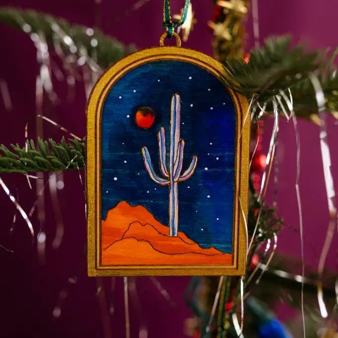 Desert Night Cactus Saguaro Mountain Arch Wood Ornament