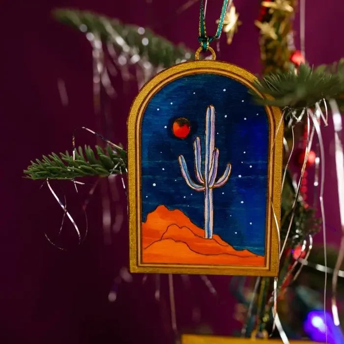 Desert Night Cactus Saguaro Mountain Arch Wood Ornament