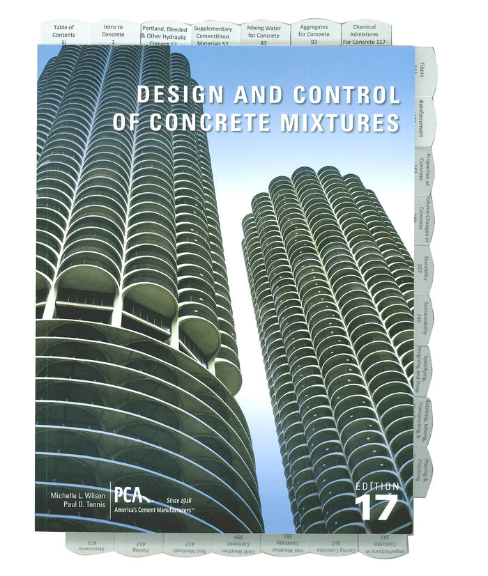 Cover of 17th edition Design and Control of Concrete Mixtures book with Marina City towers and visible tabbed sections