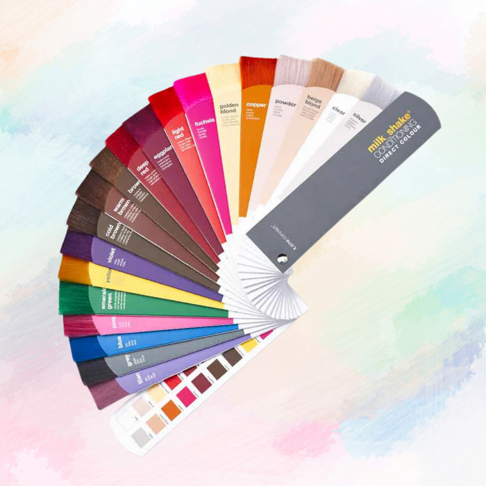 milk_shake  direct colour swatch chart with various shades of paint on a colourful gradient background