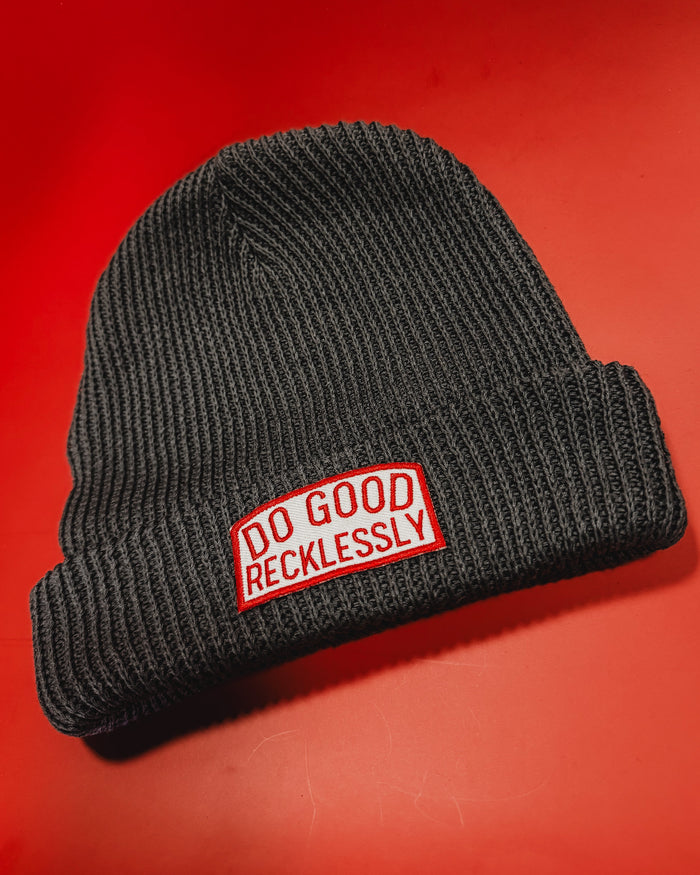 Do good recklessly embroidered patch on gray knitted slacker beanie by Le Monkey House