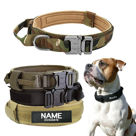 Dog Tag Nylon Tactical Collar With Handle Training Personalized