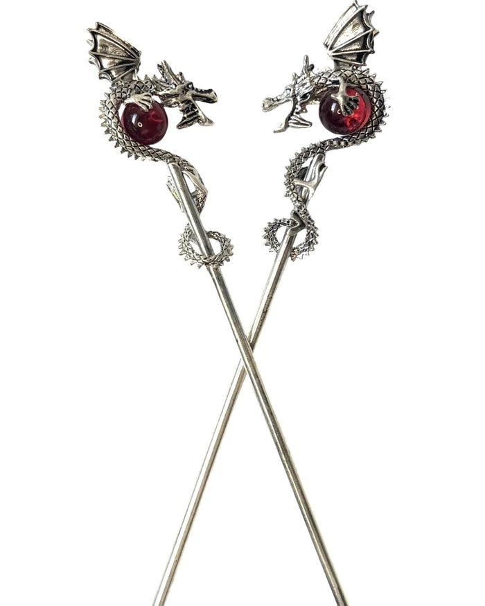 Silver Dragon Hair Sticks with 3D dragons holding red crystal spheres, front view on white background.