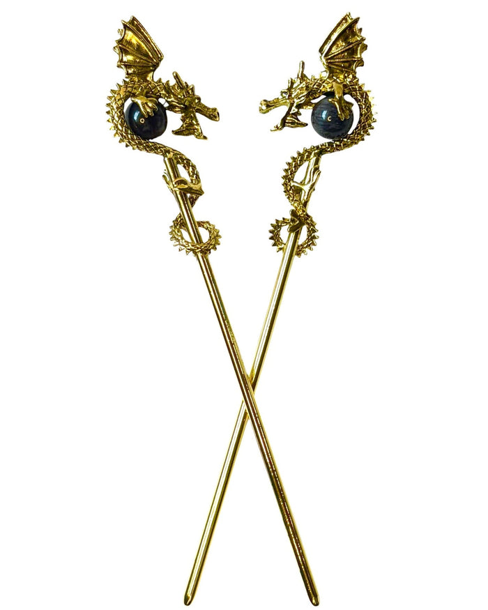 Gold Dragon Hair Sticks featuring 3D dragons holding black crystal spheres, fantasy hair accessories, front view on white background.
