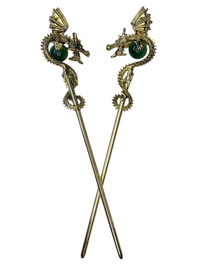 Gold Dragon Hair Sticks featuring 3D dragons holding green crystal spheres, fantasy hair accessories, front view on white background.