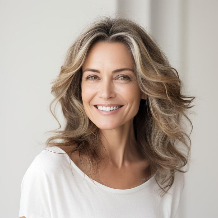 Dry Oil Shine Spray model shot: smiling woman with wavy shoulder-length blonde and gray highlighted hair in a white tee