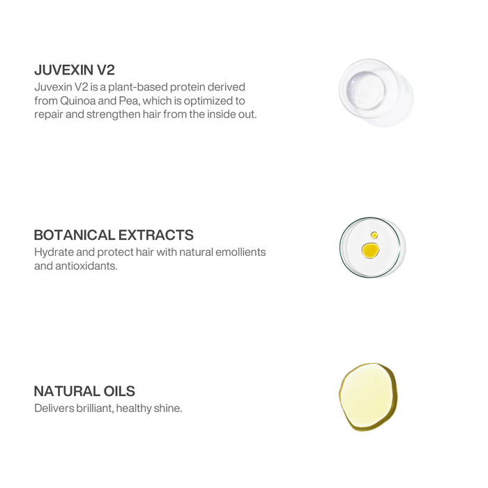 Dry Oil Shine Spray ingredients: Juvexin V2 quinoa-pea protein, botanical extracts with emollients and antioxidants, natural oils for shine