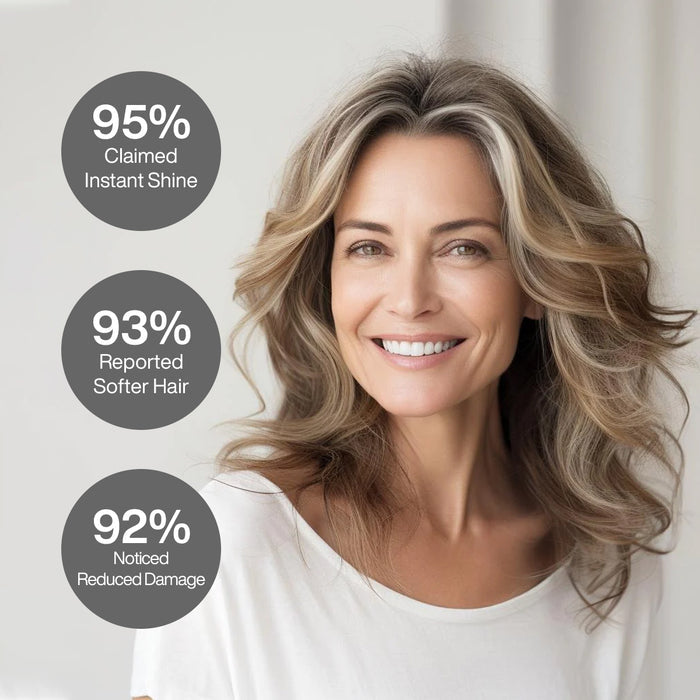 Dry Oil Shine Spray claims by a wavy-haired model: 95% claimed instant shine, 93% reported softer hair, 92% noticed reduced damage
