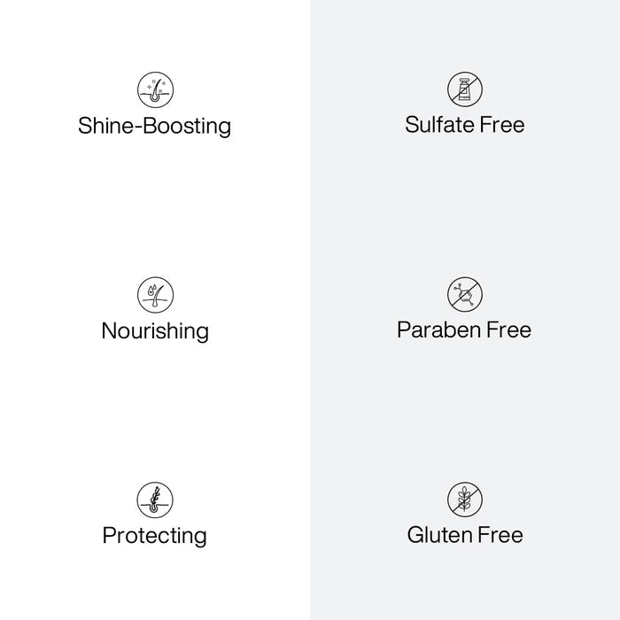Dry Oil Shine Spray benefit icons: Shine-Boosting, Sulfate Free, Nourishing, Paraben Free, Protecting and Gluten Free