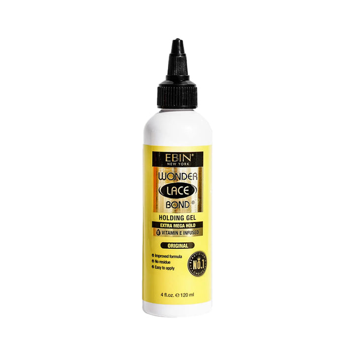 EBIN Wonder Lace Bond lace wig holding gel bottle with yellow label black twist cap 4 fl oz