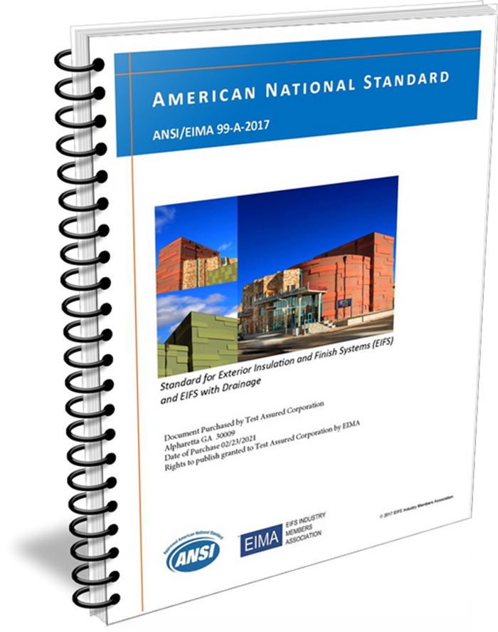 Cover of EIMA 99-A-2017 American National Standard Practice Test showing construction images of exterior insulation and finish systems