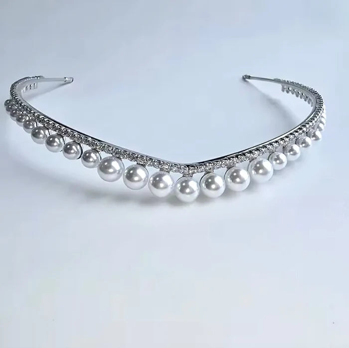 Delicate Pearl & CZ Bridal Tiara | Elegant Silver Wedding Headpiece